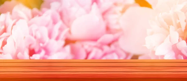 Töm vit trä bordsskiva på rosa pioner färger vägg bakgrund. — Stockfoto