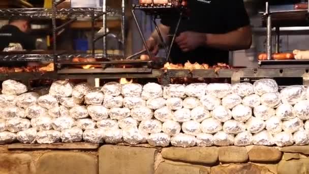 Pyszne soczyste steki mięsne, kiełbasy, małe kiełbaski, kurczak, gotowanie na grillu w ogniu. — Wideo stockowe