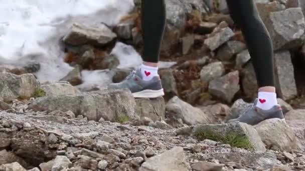 Unrecognizable adventurous woman traveler, climbing to the top of the mountain, hiking uphill on a beautiful sunny summer day — Stock Video