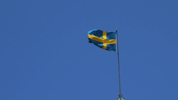 De echte vlag van Zweden ontwikkelt zich in de lucht, verhoogd — Stockvideo
