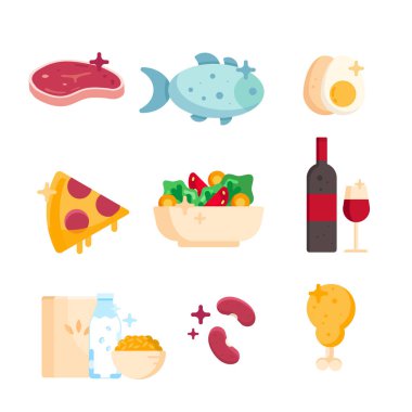 Sağlıklı ürünler sebze salatası, balık, et, tavuk, pizza, şarap, yumurta, kahvaltılık tahıllar beyaz bir arka plan üzerinde izole set