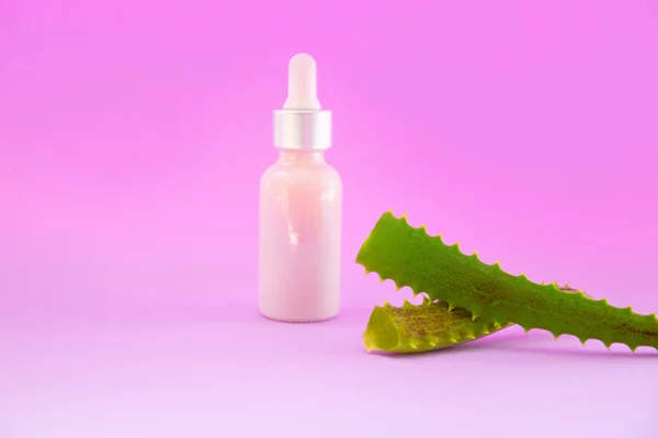 Botella de crema con una pipeta de vidrio y hojas de aloe con espacio para texto — Foto de Stock