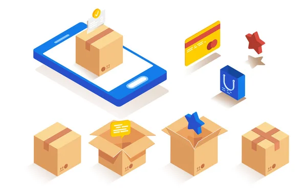 Conjunto de cajas de papel de embalaje isométrico para entrega y embalaje de mercancías . — Vector de stock