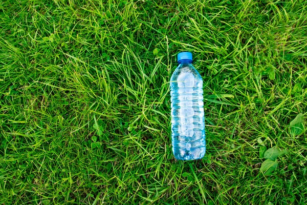 Fles water op het groene gras. Gras en plastic gazon. Natuurlijk licht. Dik zacht gras. — Stockfoto