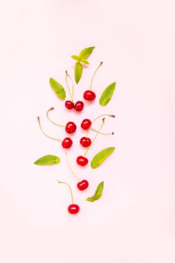 Düz kiraz ve pembe bir arka plan üzerinde yaprakları yatıyordu. Üstte görüntü