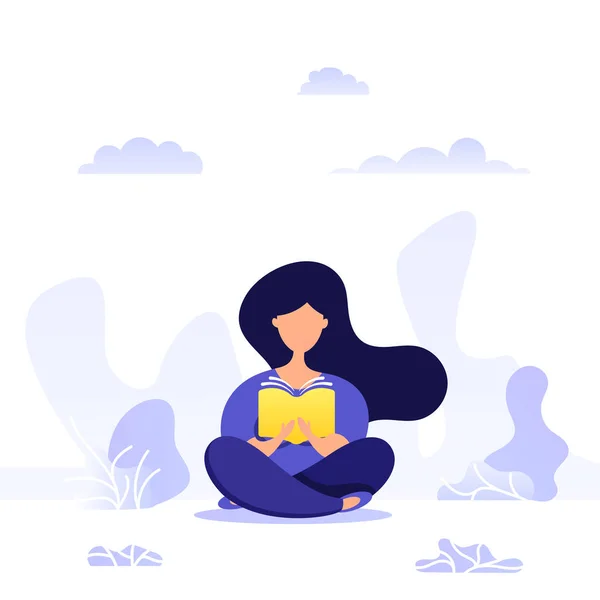 Illustration créative de jeune fille assise jambes croisées et lire le livre . — Image vectorielle