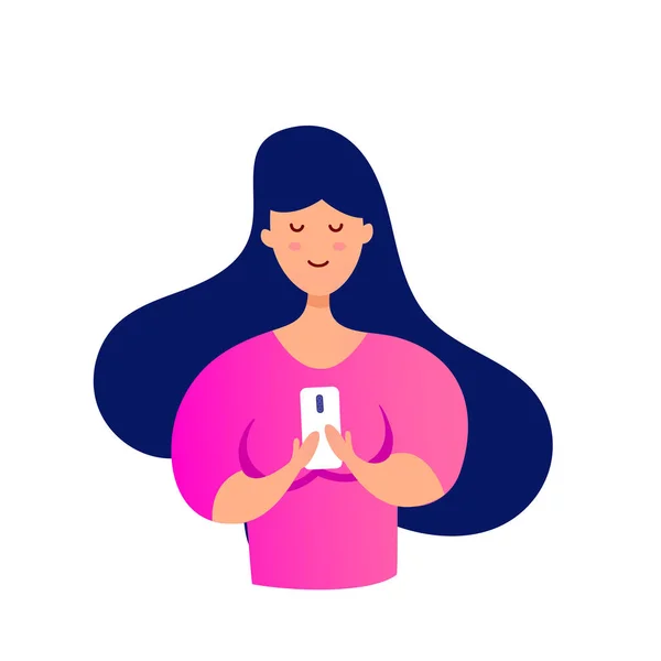 Social networks. Young happy woman standing with smartphone chatting with friends. Internet communication. — Stock Vector