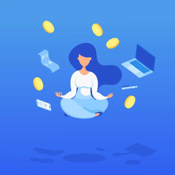 Kreativní ilustrace levitující ženy s mincemi, počítači a kontrolou. Úspory peněz, poradenství v osobním financování, Správa investic. — Stockový vektor