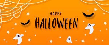 Yarasalar, hayalet, örümcek ağı, turuncu bir arka plan üzerinde yıldız ile Halloween dekor çerçeve.