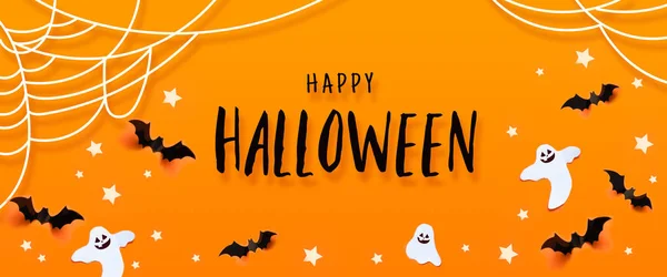 Marco de decoración de Halloween con murciélagos, fantasma, tela de araña, estrellas sobre un fondo naranja . —  Fotos de Stock