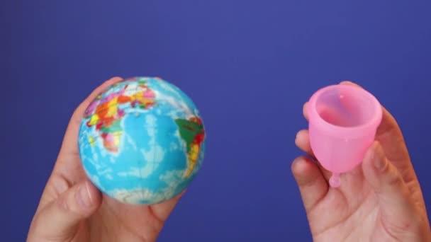 Sauver le concept de planète. Réchauffement climatique et émissions plastiques. Main féminine tient planète boule de terre. Zéro déchet — Video