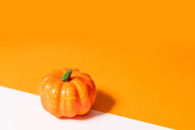 Sonbahar kompozisyonu. Turuncu arka planda balkabağı. Metniniz için boş alan.