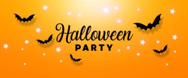 Turuncu bir arka plan üzerinde siyah yarasalar, örümcek ağı ve yıldız ile Halloween satış promosyon afiş parti.