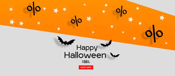 Happy Halloween pesta undangan atau penjualan banner latar belakang dengan kelelawar kertas di oranye — Stok Foto