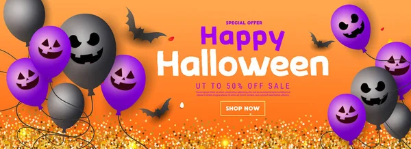 Halloween försäljning, fest inbjudan, vykort, affisch med en skrämmande munkorg ballonger, en fladdermus och stjärnor på en orange bakgrund. — Stock vektor