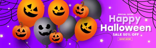 Happy Halloween eladó, meghívó fél, képeslap, poszter egy ijesztő léggömbök, a denevér és csillagok lila háttér. — Stock Vector