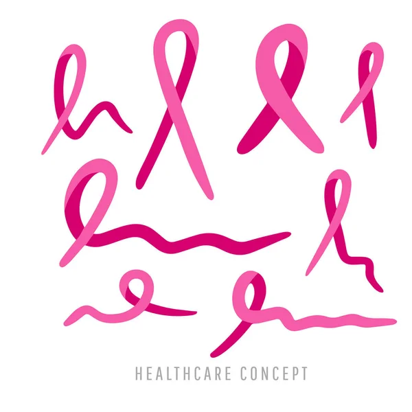 Лента осведомленности о раке молочной железы. Набор розовых лент для рака молочной железы . — стоковый вектор