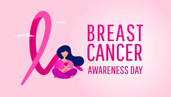 Креативный плакат с розовой лентой и молодой девушкой, сидящей рядом со значком рака молочной железы — стоковый вектор