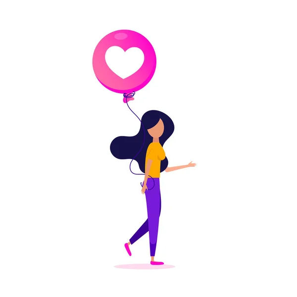 Le gustan las redes sociales. Concepto de cartel creativo con una chica joven con un globo de amor en sus manos . — Vector de stock