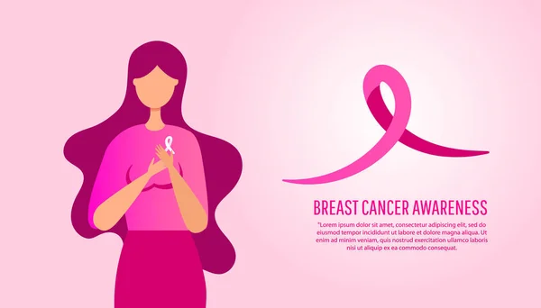 Иллюстрация баннера с информацией о раке молочной железы с молодой женщиной на розовом фоне. Всемирный день рака молочной железы . — стоковый вектор