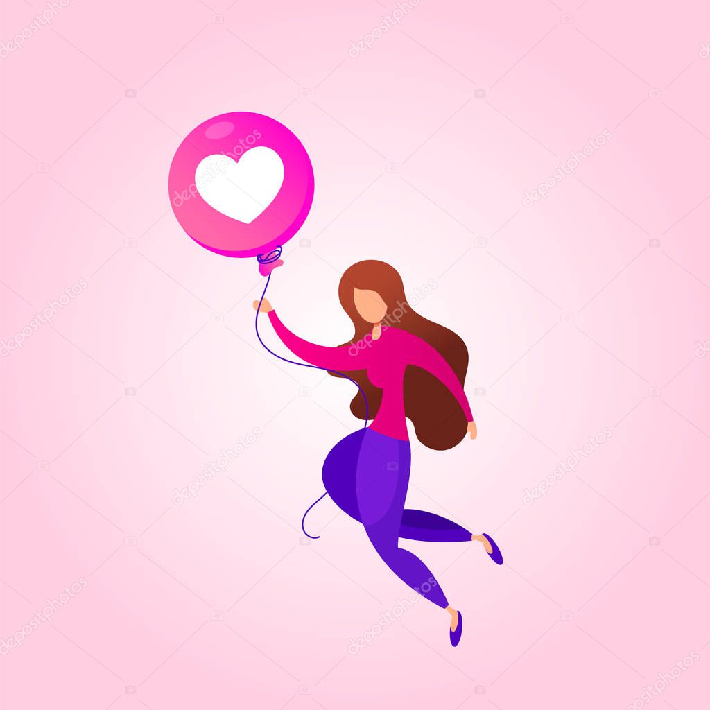 A young girl with a pink love balloon levitates in the air. Promotion of online store or shop loyalty program, bonus or reward.