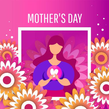 8 Mart'a kağıt çiçeklerle kartpostal. Genç bir kız elinde bir aşk kalbi tutar. İllüstrasyon broşürler, kartpostallar, biletler, reklamlar, afişler için kullanılabilir. Tebrikler Kadınlar için