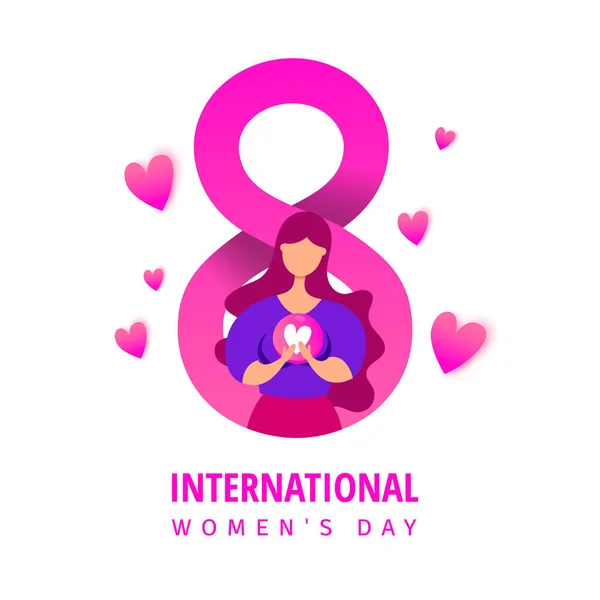Womens Day Illustration to March 8 with young girl holding a love heart in her hands. Can be used in the newsletter, brochures, postcards, tickets, advertisements, banners. — Stock Vector