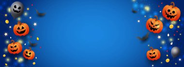 Mavi bir arka plan üzerinde korkutucu yüz turuncu kabaklar, altın sikkeler, yarasalar ve altın glitter elemanları ile Happy Halloween web sitesi afiş.