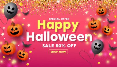 Korkunç turuncu kabak yüz, altın sikke, balon ve pembe kırmızı arka plan üzerinde altın glitter elemanları ile Yatay mutlu halloween web sitesi afiş.