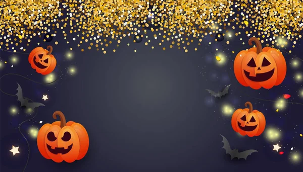 Šťastný Halloween prodej s příšerným obličejem oranžové dýně, balónky, netopýři a zlaté třpyty na tmavém pozadí. — Stockový vektor