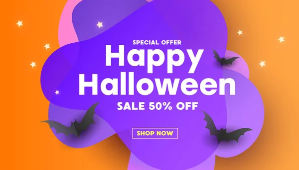 Happy Halloween Wyprzedaż banery tło z nietoperzami i gwiazdami. Może być używany do baneru, plakatu, vouchera, oferty, kuponu, wyprzedaży. — Wektor stockowy