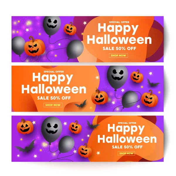 Halloween eladó sablon bannerek ijesztő arc sütőtök, denevérek és egy kísérteties léggömb narancssárga lila háttér. — Stock Vector