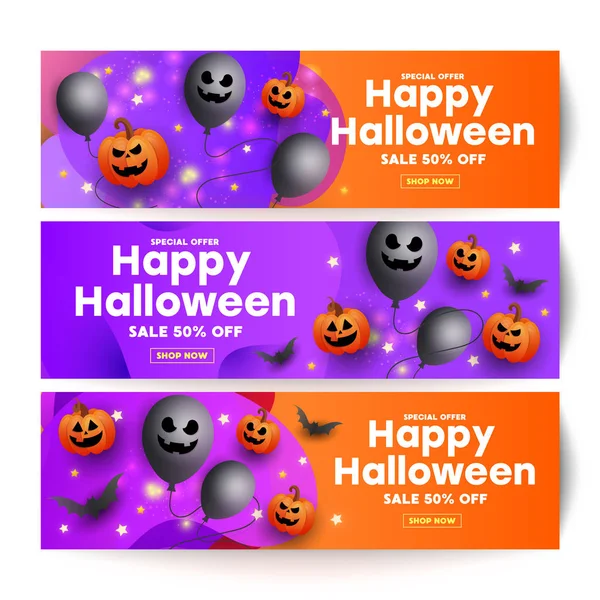 Happy Halloween eladó bannerek a sütőtök, denevérek és a kísérteties léggömb narancssárga lila háttér banner, plakát, utalvány, ajánlat, kupon, üdülési eladó. — Stock Vector