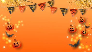 Sembollü Cadılar Bayramı indiriminiz kutlu olsun. Balkabağı, yarasa ve turuncu arka planda şeker. Pankart, fiş, teklif, kupon, tatil indirimi için kullanılabilir..