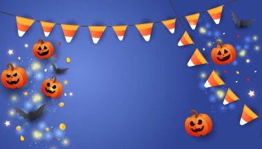 Yazılı Mutlu Cadılar Bayramı afişleri, balkabağı sembolleri, renkli çelenkler ve çeşitli arkaplanda şekerler. Pankart, fiş, teklif, kupon, tatil indirimi için kullanılabilir..