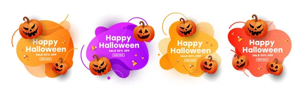 Kreativ modern uppsättning banderoller för halloween fest med skrämmande ansikte pumpor guldstjärnor. Särskilt säsongserbjudande. — Stock vektor