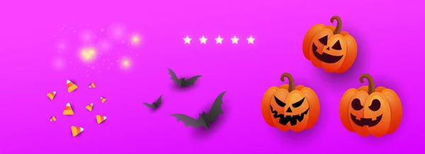 Banner creativo di vendita per la celebrazione di Halloween. Zucche, caramelle e confetti top view. Offerta speciale stagionale . — Vettoriale Stock