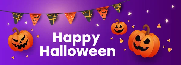 Δημιουργική Halloween Sale vector banner με σύμβολα διακοπών κολοκύθα, χρωματιστές γιρλάντες και καραμέλα στο φόντο κλίση. — Διανυσματικό Αρχείο