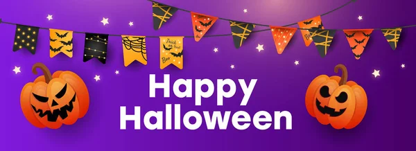 Feliz Halloween Venta de banner vectorial con letras y símbolos navideños calabaza, guirnaldas de colores y dulces sobre fondo púrpura degradado. Puede ser utilizado para la bandera, cupón, oferta, cupón, venta de vacaciones . — Archivo Imágenes Vectoriales