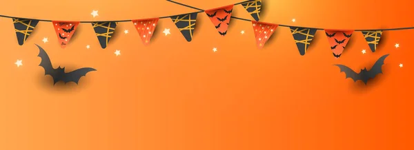 Feliz Halloween Venta banner con símbolos de calabaza, guirnaldas de colores y dulces sobre fondo naranja degradado. Puede ser utilizado para la bandera, cupón, oferta, cupón, venta de vacaciones . — Archivo Imágenes Vectoriales