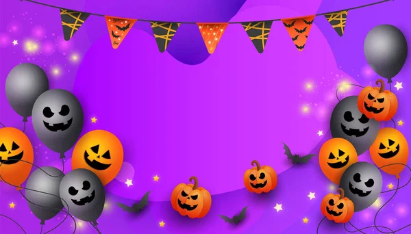 Καλή Halloween Πώληση πανό με σύμβολα κολοκύθα, χρωματιστές γιρλάντες και καραμέλα σε μωβ φόντο. — Διανυσματικό Αρχείο