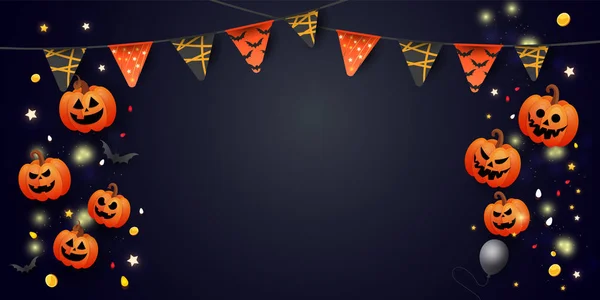 Feliz banner de venda de Halloween com símbolos abóbora, guirlandas coloridas e doces no fundo escuro gradiente. Pode ser usado para banner, voucher, oferta, cupom, venda de férias . — Vetor de Stock