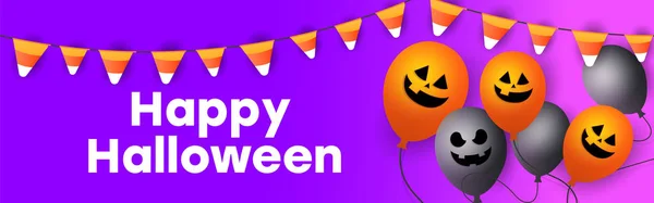 Σύγχρονη Halloween Sale πανό με τρομακτικά πρόσωπα κολοκύθας, νυχτερίδες και ένα φάντασμα μπαλόνι σε μωβ φόντο. — Διανυσματικό Αρχείο