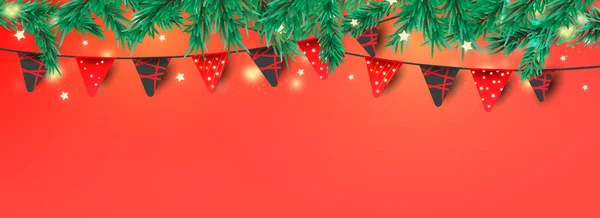 Elementy dekoracyjne świąteczne lub noworoczne do dekoracji banerów. Czerwone flagi girlandy, konfetti brokatowe i gałązki sosnowe z miejscem na tekst. — Wektor stockowy