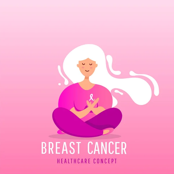 Breast cancer awareness month poster background concept. Young girl sitting in lotus position with pink ribbon — Stock Vector