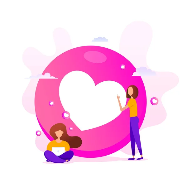 Ilustración creativa de emoticonos de amor en forma con niñas utilizando una computadora sobre un fondo rosa — Vector de stock
