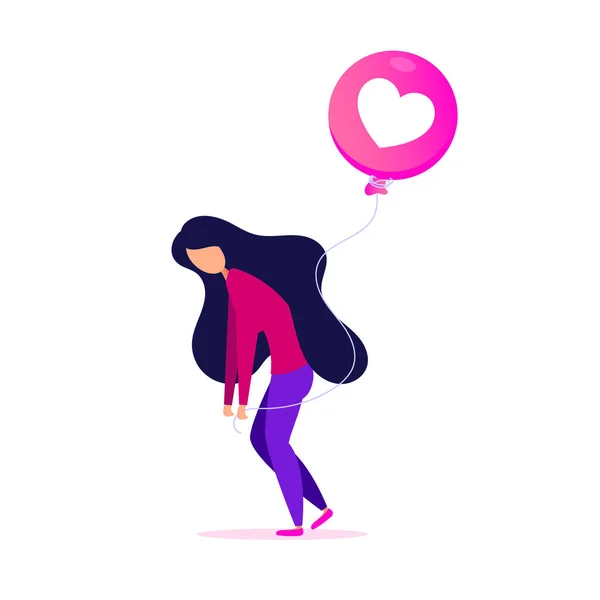 Chica joven con emoción globo en forma de corazón sobre un fondo rosa. Concepto de corazón roto, estrés — Vector de stock