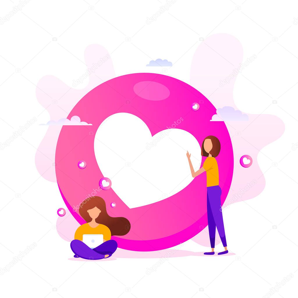 Creative illustration of love emoticons shape with little girls using a computer on a pink background