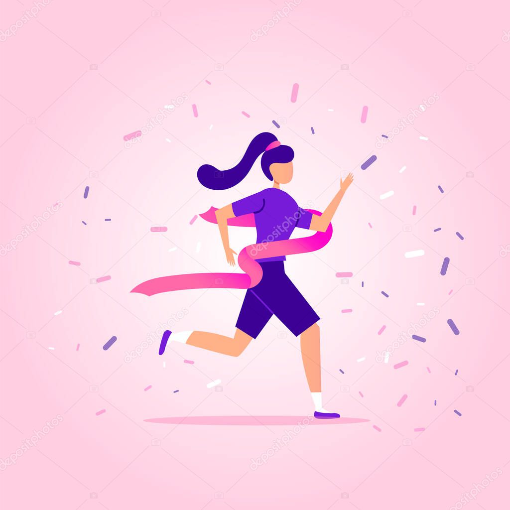 Young woman running on the stadium to win and succeed. Business and Leadership. Landing page and header concept