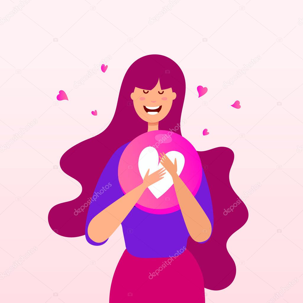 Young girl with emotion heart shape balloon on a pink background. Happy Valentines Day greeting card